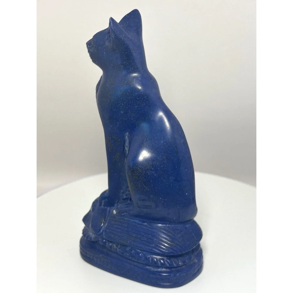Vintage Egyptian Bastet Cat on Scarab Figurine Blue Lapis‎ Style Decor Large
